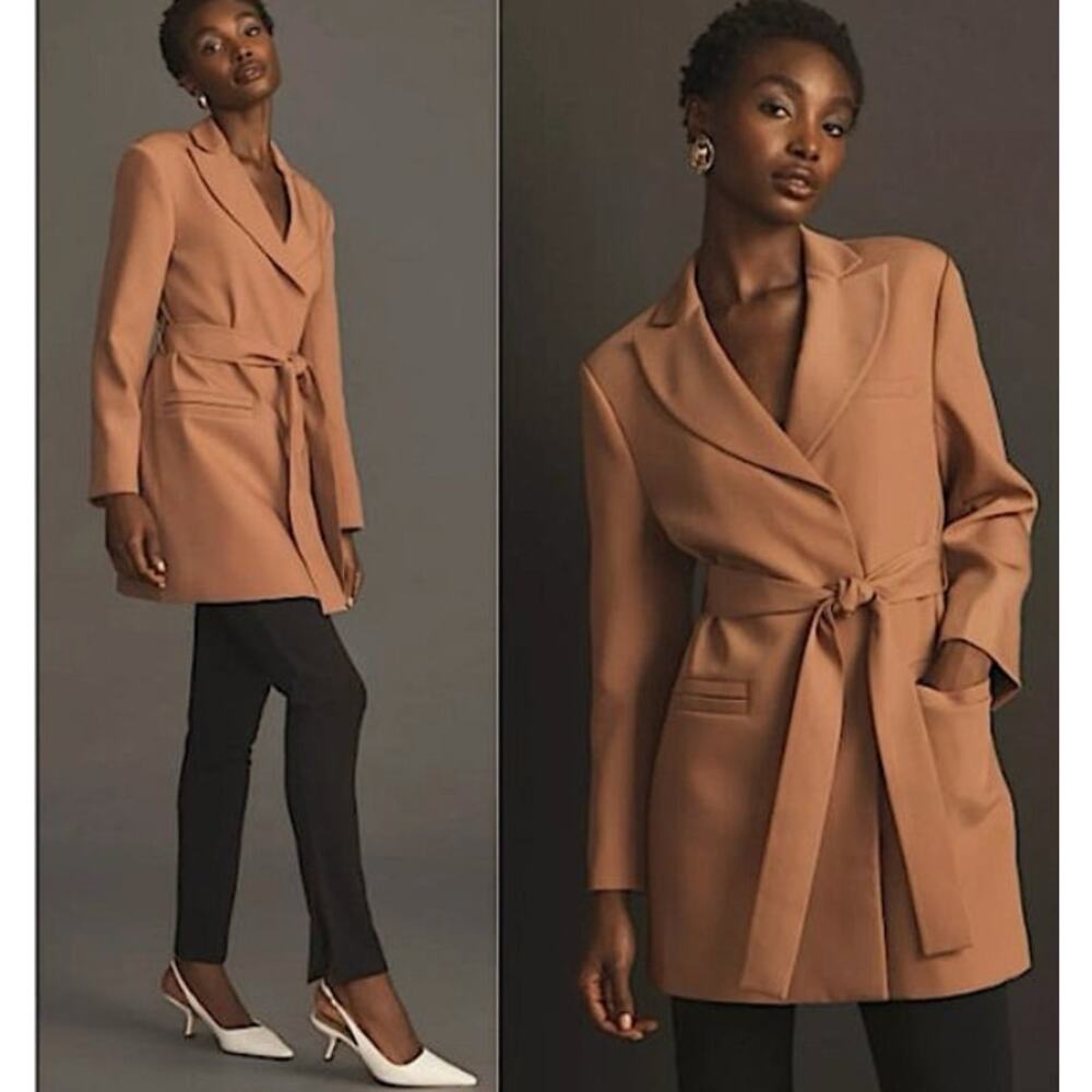 Anthropologie Mare Mare Tie Waist Blazer Tan Brown Tailored Jacket Size XL